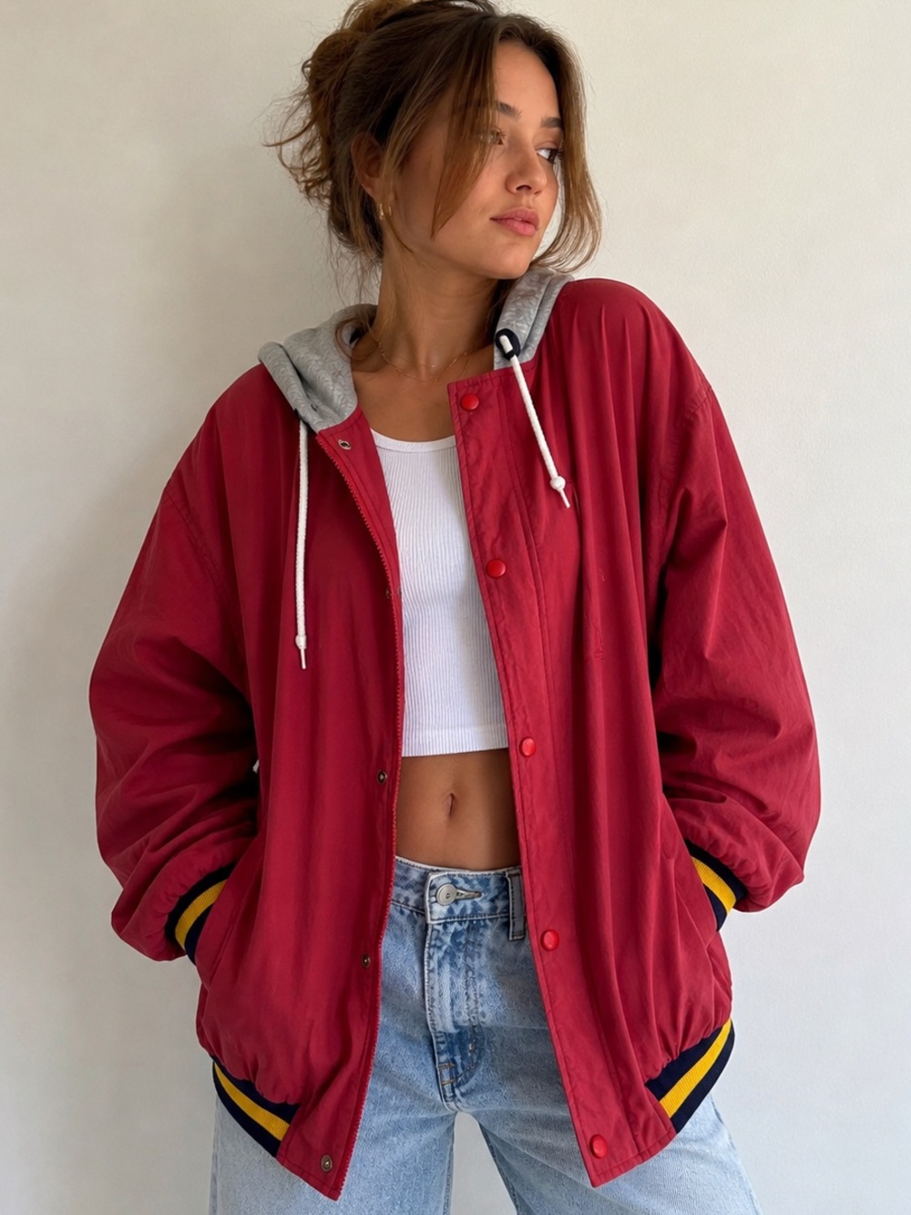 Vintage GAP Red Nylon Hooded Windbreaker Jacket 90s Preppy Oversized Lined L